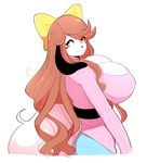  2018 :3 anthro belt big_breasts black_ears black_nose blush bow breasts brown_hair canine cleavage clothed clothing collar colored cute dog female fluffy fluffy_tail fur hair hair_ornament holly_applebee jeans long_hair looking_back mammal mature_(disambiguation) mature_female nipple_bulge pants simple_background solo sweater theycallhimcake white_background white_fur yellow_bow yellow_eyes 