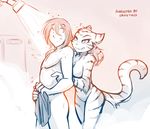  2018 anthro breasts covering covering_self daniels_(twokinds) door duo ears_back featureless_breasts featureless_crotch feline female fur hair hand_on_shoulder hi_res human inside keidran licking licking_lips male mammal monochrome nervous nude seductive shower showering simple_background sketch smile smirk steam striped_fur stripes therie_sah-van tiger tom_fischbach tongue tongue_out towel twokinds water wet white_background 