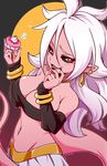  android_21 black_sclera breasts detached_sleeves dragon_ball dragon_ball_fighterz earrings highres hoop_earrings jewelry large_breasts long_hair lyn_(shunao) majin_android_21 pink_skin red_eyes solo tail 