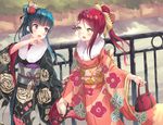  :d black_kimono blue_hair bow brown_bow day eye_contact eyebrows_visible_through_hair floating_hair floral_print flower fur_trim hair_between_eyes hair_bow hair_bun hair_flower hair_ornament hair_ribbon high_ponytail highres holding holding_hands japanese_clothes kimono long_hair looking_at_another love_live! love_live!_sunshine!! multiple_girls new_year obi open_mouth outdoors purple_eyes ranmaruuuu00 red_flower red_hair red_ribbon ribbon sakurauchi_riko sash smile standing tsushima_yoshiko white_flower yellow_eyes yukata 