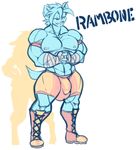 anthro bandage big_bulge big_muscles boots bulge canine clothed clothing footwear huge_bulge jintonic male mammal muscular muscular_male pecs penis_outline restricted_palette smile solo standing topless 