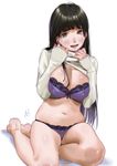  :d bad_id bad_pixiv_id bangs bare_legs barefoot black_hair blunt_bangs blush bra breasts brown_eyes clothes_lift commentary_request hands_on_own_chest kamiyama_aya large_breasts lifted_by_self long_hair long_sleeves looking_at_viewer navel no_pants open_mouth original panties purple_bra purple_panties simple_background sitting smile solo sweater sweater_lift underwear white_background white_sweater 