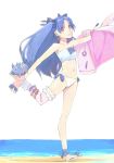  1girl akinbo_(hyouka_fuyou) ankle_ribbon beach bikini black_bow blue_bow blue_hair blue_ribbon bow earrings fate/grand_order fate_(series) floating_hair full_body hair_bow highres holding holding_jacket ishtar_(fate/grand_order) jacket jewelry leg_up long_hair ocean pink_jacket red_eyes ribbon side-tie_bikini simple_background solo standing standing_on_one_leg strapless strapless_bikini swimsuit thigh_strap twintails very_long_hair white_background white_bikini 