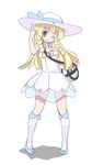  absurdres bag blonde_hair braid dress duffel_bag green_eyes hat highres lillie_(pokemon) long_hair nagitaro one_eye_closed poke_ball_theme pokemon pokemon_(game) pokemon_sm see-through simple_background sleeveless sleeveless_dress solo sun_hat twin_braids white_background white_dress white_hat 