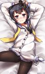  anchor_symbol arms_up bangs bed bed_sheet black_eyes black_hair black_hairband black_hat blue_sailor_collar blush brown_legwear closed_eyes crotch_seam dated from_above frown gradient_hair green_eyes hairband hat kantai_collection long_sleeves looking_at_viewer lying mini_hat multicolored multicolored_eyes multicolored_hair no_pants on_back pantyhose partially_unbuttoned sailor_collar school_uniform serafuku shirt short_hair_with_long_locks sidelocks solo tareme thick_eyebrows tied_shirt tokitsukaze_(kantai_collection) undone_neckerchief untied white_hair white_shirt yellow_neckwear yufuissei0702 