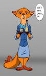 alcohol annoyed anthro barefoot beverage canine clothing dialogue disney english_text fan_character female fox half-closed_eyes looking_at_viewer mammal megan_fawkes ruffu suit talking_to_viewer text zootopia 