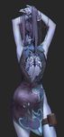  adjusting_hair alternate_costume back back_cutout back_tattoo black_lily_widowmaker china_dress chinese_clothes commentary_request dress from_behind highres kokutan_kitsunen overwatch purple_hair purple_skin sleeveless solo spider_tattoo tattoo thigh_strap widowmaker_(overwatch) 