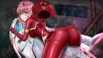  1girl aqua_eyes ass blood blush bodysuit breasts cockpit darling_in_the_franxx from_behind hairband horns leaning leaning_forward long_hair looking_at_viewer pink_hair red_bodysuit shiny shiny_clothes shiny_hair sideboob smile solo very_long_hair wei_meow yandere zero_two_(darling_in_the_franxx) 