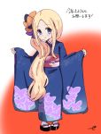  1girl abigail_williams_(fate/grand_order) alternate_costume alternate_hairstyle bangs black_bow black_footwear blonde_hair blue_eyes blush bow closed_mouth commentary_request eyebrows_visible_through_hair fate/grand_order fate_(series) forehead full_body gradient gradient_background hair_bow highres kujou_karasuma long_hair long_sleeves new_year obi orange_bow parted_bangs pinching_sleeves red_background revision sash sidelocks signature sleeves_past_wrists smile solo standing tabi translation_request very_long_hair white_background white_legwear wide_sleeves zouri 