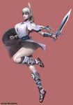  1girl 3d blonde_hair blue_eyes breasts female greek hips holding_weapon jumping large_breasts legs long_hair panties pink_background sandals shield simple_background skirt sophitia_alexandra soul_calibur sword the_majestic thick_thighs thighs upskirt white_clothes wide_hips 