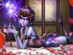  ass black_lily_widowmaker blurry bracelet china_dress chinese_clothes depth_of_field dress fireworks jewelry liang_xing lying mole mole_under_eye night on_stomach overwatch purple_hair purple_skin smile solo thighhighs visor widowmaker_(overwatch) yellow_eyes 