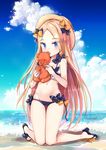  abigail_williams_(fate/grand_order) bangs beach bikini black_bikini black_bow blonde_hair blue_eyes blue_sky blush bow brown_hat cloud day fate/grand_order fate_(series) hair_bow hat holding holding_stuffed_animal jin_young-in long_hair looking_at_viewer navel ocean orange_bow outdoors parted_bangs polka_dot polka_dot_bow sand side-tie_bikini sky solo stuffed_animal stuffed_toy swimsuit teddy_bear very_long_hair water 