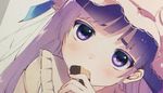  commentary_request cookie dutch_angle ear eating eyebrows eyelashes food hat holding holding_food limited_palette long_hair looking_at_viewer mob_cap pajamas partially_colored patchouli_knowledge purple_eyes purple_hair solo touhou upper_body vanilla_(miotanntann) 