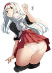  ? ass between_buttocks commentary fairy_(kantai_collection) giantess hairband headband in_panties japanese_clothes kantai_collection long_hair minigirl multiple_girls muneate panties pleated_skirt red_hairband red_skirt shoukaku_(kantai_collection) silver_hair simple_background size_difference skirt solo_focus spoken_question_mark straight_hair underwear utopia white_background white_panties yellow_eyes 