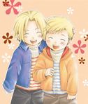  alphonse_elric blonde_hair blush brothers closed_eyes edward_elric floral_background fullmetal_alchemist hand_on_another's_head happy jacket male_focus multiple_boys open_mouth pants pink_background shirt short_hair siblings simple_background smile uho_(uhoponta) white_shirt 