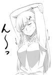  armpits blush closed_eyes commentary_request eyebrows_visible_through_hair hair_ornament hairclip ishii_hisao kantai_collection long_hair monochrome shirt short_sleeves simple_background solo suzuya_(kantai_collection) white_background 