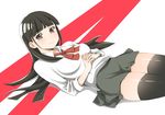  bangs black_hair black_legwear blunt_bangs blush brown_eyes commentary cowboy_shot hands_clasped kobuchizawa_shirase koube long_hair looking_at_viewer lying neck_ribbon own_hands_together red_background ribbon school_uniform shirt skirt sleeves_rolled_up solo sora_yori_mo_tooi_basho straight_hair thighhighs white_background white_shirt zettai_ryouiki 