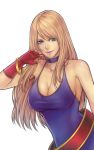  1girl blonde_hair blue_eyes bonne_jenet bracelet breasts choker cleavage dress fingerless_gloves gloves jewelry large_breasts long_hair mark_of_the_wolves purple_choker purple_dress red_gloves single_glove snk the_king_of_fighters 