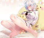  1girl barefoot blush breasts cup drunk eyes_closed feet glass koffee_(pso2) large_breasts parted_lips phantasy_star_online_2 silver_hair soles stuffed_animal toes 