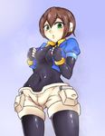  aile beruzumi-m bodysuit breasts brown_hair commentary_request covered_navel gloves green_eyes looking_at_viewer medium_breasts rockman rockman_zx short_hair solo spandex 