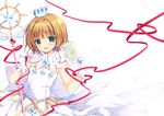  :d bad_id bad_pixiv_id bangs blush brown_hair card cardcaptor_sakura clear_card commentary_request crown eyebrows_visible_through_hair feathers gloves green_eyes hair_between_eyes head_tilt holding holding_card kinomoto_sakura looking_at_viewer mini_crown open_mouth purinko shirt simple_background skirt smile solo sparkle standing star strapless white_background white_gloves white_shirt white_skirt yume_no_tsue 