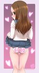  1girl ass blush brown_hair flat_ass from_behind heart hounyouin karakai_jouzu_no_takagi-san long_sleeves looking_at_viewer looking_back panties pink_panties pleated_skirt school_uniform schoolgirl serafuku skirt skirt_lift smile solo standing takagi-san twitter_username underwear 