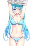  alternate_breast_size armpits arms_up ass_visible_through_thighs baretto_(karasi07) bikini blue_bikini blue_eyes blue_hair blush breasts cleavage collarbone cowboy_shot eyebrows_visible_through_hair hatsune_miku highres large_breasts lifted_by_self long_hair looking_at_viewer navel shiny shiny_hair shirt shirt_lift simple_background skindentation solo standing stomach strap_gap striped striped_bikini swimsuit twintails very_long_hair vocaloid white_background white_shirt 