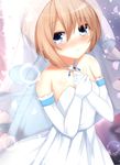  bare_shoulders blanc blush bridal_veil brown_hair commentary_request dress elbow_gloves gloves highres jewelry looking_at_viewer neptune_(series) ring shironeko_haru short_hair smile veil wedding_dress white_dress white_gloves 