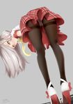  black_legwear blush dutch_angle grey_background high_heels leaning_forward long_hair looking_at_viewer original panties panties_under_pantyhose pantyhose plaid plaid_skirt school_uniform silver_hair skirt smile solo thighband_pantyhose underwear viktorf yellow_eyes 