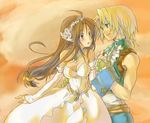  1girl blue_eyes blush breasts brown_eyes brown_hair cleavage colorized commentary_request couple dress final_fantasy final_fantasy_ix garnet_til_alexandros_xvii gloves groin hetero highres holding_hands jewelry long_hair low-tied_long_hair medium_breasts necklace niwa_toriko tail tiara very_long_hair wedding_dress white_dress zidane_tribal 