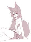  animal_ear_fluff animal_ears bare_shoulders bike_shorts commentary eyebrows_visible_through_hair eyes_visible_through_hair fox_ears fox_tail greyscale highres long_hair looking_at_viewer miniskirt monochrome original pleated_skirt sitting skirt sleeveless smile solo sub-res tail 