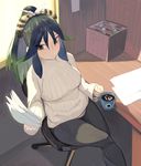  alternate_costume black_hair chair coffee cup drink eyebrows_visible_through_hair eyes_visible_through_hair green_eyes green_hair hair_between_eyes hair_ribbon holding holding_cup holding_paper indoors japari_symbol jar juz kako_(kemono_friends) kemono_friends long_hair long_sleeves mug multicolored_hair office_chair paper ponytail ribbed_sweater ribbon shade sitting solo striped sunlight sweater table turtleneck turtleneck_sweater vertical_stripes white_sweater 