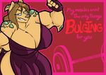  anthro big_breasts big_bulge breasts bulge canine clothing dickgirl dress english_text fingerless_gloves flexing gloves huge_breasts hybrid intersex jintonic looking_at_viewer mammal muscular muscular_dickgirl muscular_intersex scalie smile solo text 