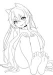  1girl animal_ears barefoot feet hands_on_own_knees long_hair looking_at_viewer monochrome nude original panimiiru parted_lips pov slit_pupils smile soles toes 