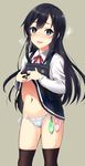  asashio_(kantai_collection) black_hair black_legwear blue_eyes blush condom condom_belt dress dress_lift hair_between_eyes heart heart-shaped_pupils heavy_breathing kantai_collection kyougoku_shin legs_apart lifted_by_self long_hair looking_at_viewer navel open_mouth over-kneehighs panties pinafore_dress remodel_(kantai_collection) side-tie_panties simple_background smile solo standing suspenders sweatdrop symbol-shaped_pupils thighhighs underwear used_condom white_panties wing_collar 