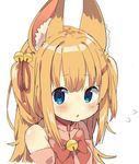  :o animal_ear_fluff animal_ears bare_shoulders bell blue_eyes blush fox_ears fox_girl highres jingle_bell kemomimi_oukoku_kokuei_housou looking_at_viewer mikoko_(kemomimi_oukoku_kokuei_housou) open_mouth orange_hair pochi_pochino red_neckwear simple_background solo virtual_youtuber white_background 