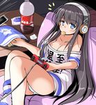  azur_lane black_hair blue_eyes chips cola commentary_request controller eating food food_on_body headphones long_hair long_island_(azur_lane) looking_at_viewer nipple_slip nipples panties potato_chips tsuzuri_(tuzuri) underwear white_panties 