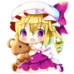  1girl :d bangs blonde_hair blush bow brown_eyes chibi chocolat_(momoiro_piano) commentary_request eyebrows_visible_through_hair fang flandre_scarlet full_body hair_between_eyes hat hat_bow high_heels long_hair mob_cap object_hug one_side_up open_mouth pink_bow puffy_short_sleeves puffy_sleeves purple_skirt purple_vest red_eyes red_footwear ringlets shirt shoes short_sleeves sidelocks simple_background sitting skirt smile socks solo stuffed_animal stuffed_toy teddy_bear touhou vest wariza white_background white_hat white_legwear white_shirt yellow_neckwear 