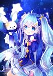  :d ahoge animal bangs bare_shoulders blue_bow blue_dress blue_eyes blue_gloves blue_hair blue_ribbon blue_scarf blush bow bunny commentary_request constellation_print dress eyebrows_visible_through_hair fingerless_gloves gloves hair_between_eyes hair_ornament hatsune_miku holding long_hair looking_at_viewer looking_to_the_side maodouzi open_mouth ribbon scarf smile snowflakes star star_hair_ornament striped striped_bow striped_ribbon twintails very_long_hair vocaloid yuki_miku yukine_(vocaloid) 