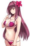  bikini breasts cleavage closed_mouth cowboy_shot fate/grand_order fate_(series) flower hair_flower hair_ornament hair_twirling hibiscus large_breasts long_hair looking_away michihasu navel purple_bikini purple_hair red_eyes scathach_(fate)_(all) scathach_(swimsuit_assassin)_(fate) simple_background solo standing swimsuit white_background 