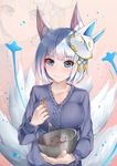  alternate_costume animal_ears azur_lane bangs blue_eyes blush bowl breasts casual commentary_request dust_(394652411) eyebrows_visible_through_hair eyeshadow fox_ears fox_tail highres holding holding_bowl kaga_(azur_lane) large_breasts long_sleeves makeup mask mask_on_head ribbed_sweater short_hair solo stirring sweater tail upper_body whisk white_hair zoom_layer 