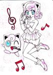  baggy_shorts bare_legs bare_shoulders blue_eyes chikorita85 collarbone curly_hair dancing dress eyelashes gen_1_pokemon gloves hand_up hands_up holding holding_microphone jigglypuff layered_dress legs_together looking_at_viewer microphone moemon music musical_note one_eye_closed personification pink pink_background pink_footwear pink_gloves pink_hair pink_shorts pokemon pokemon_(creature) pokemon_(game) pokemon_ears pokemon_rgby shoes short_hair shorts sleeveless sleeveless_dress traditional_media treble_clef white_background white_skin 