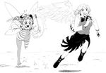  2girls :d american_flag_dress american_flag_legwear bow bowtie chasing clenched_teeth clownpiece commentary crying crying_with_eyes_open fairy_wings feathered_wings fire flying_sweatdrops greyscale hat headwear highres himajin_noizu jacket jester_cap kishin_sagume leaning_forward long_hair long_sleeves monochrome multiple_girls neck_ruff open_mouth pantyhose polka_dot_hat running shirt short_sleeves single_wing skirt smile star striped tears teeth thighhighs torch touhou uneven_eyes v-shaped_eyebrows white_background wings 