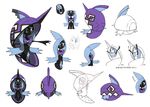  absurd_res black_body blue_hair concept_art hair hi_res humanoid japanese_text legendary_pok&eacute;mon legless long_hair markings model_sheet multicolored_eyes musical_note nintendo official_art pok&eacute;mon pok&eacute;mon_(species) shell sleeping solo tapu_fini text video_games 