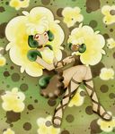  beige_background big_hair blonde_hair brown brown_choker brown_dress brown_footwear chikorita85 choker dress full_body gen_5_pokemon knees_touching long_hair moemon orange_eyes personification pokemon pokemon_(creature) pokemon_ears sandals sheep short_dress sitting toes traditional_media whimsicott 