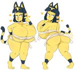  &lt;3 2018 3_toes animal_crossing ankha anthro bandage big_breasts big_butt blue_hair breasts butt cat clothed clothing egyptian eyelashes feline female fur hair hi_res huge_breasts jinu looking_back mammal nintendo simple_background solo thick_thighs toes video_games voluptuous wide_hips yellow_fur 