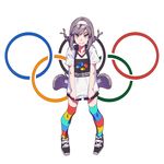  2020 2020_summer_olympics backpack bag bangs black_footwear braid clothes_writing commentary_request grey_eyes grey_hair grin hairband highres kamameshi_gougoumaru looking_at_viewer multicolored multicolored_clothes multicolored_legwear multicolored_stripes olympic_rings olympics original parted_lips pigeon-toed shirt shoes short_shorts shorts simple_background smile solo standing striped striped_legwear thighhighs twin_braids white_background white_shirt 