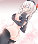  @_@ ass blue_eyes blush breasts commentary covering covering_breasts dutch_angle hair_between_eyes inverted_costume kantai_collection kashima_(kantai_collection) long_hair medium_breasts oouso shiny shiny_skin sideboob solo thighhighs twintails wavy_mouth wet white_hair 