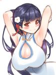  armpits arms_behind_head arms_up azur_lane bangs bare_arms bare_shoulders black_hair blunt_bangs breasts china_dress chinese_clothes cleavage cleavage_cutout closed_mouth dress eyebrows eyebrows_visible_through_hair flower hair_flower hair_ornament huge_breasts long_hair looking_at_viewer red_eyes simple_background sleeveless sleeveless_dress smile solo sugihara_(sugihara2000) turtleneck upper_body white_background white_dress yat_sen_(azur_lane) 