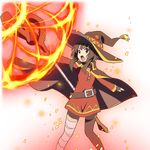  bandaged_leg bandages belt black_belt black_gloves black_hair cape collar dress fingerless_gloves gloves hat holding holding_staff kono_subarashii_sekai_ni_shukufuku_wo! magic megumin mismatched_legwear official_art red_dress red_eyes short_hair_with_long_locks single_thighhigh solo staff thighhighs transparent_background uchi_no_hime-sama_ga_ichiban_kawaii witch_hat 